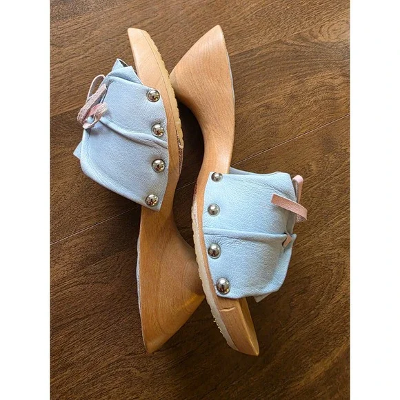 Salpy the kate wood sandals Clogs Wooden Light Blue Pink Bows Studded Size 6 - Picture 5 of 11